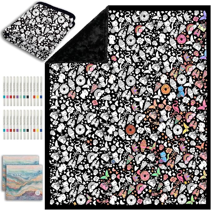 ZHOYIMIMI DIY Cozy Coloring Blankets for Kids & Adults -24 Markers | 50" x 60", Machine Washable, Cozy Velvet, Printed Patterns, ideal for daily use, home decor and kids spaces, Gift Wrapped