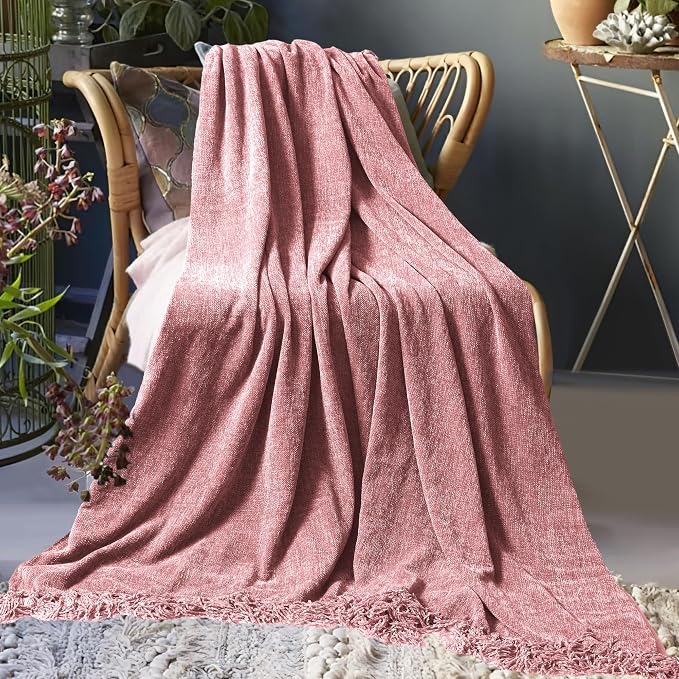 Chenille Throw Blanket for Couch 60" x 80", Twin Mauve | Soft Cozy Warm Throws with Fringe Tassel, for Living Room Bed Sofa Chair Cover, Lightweight Knitted Decorative Boho Blankets