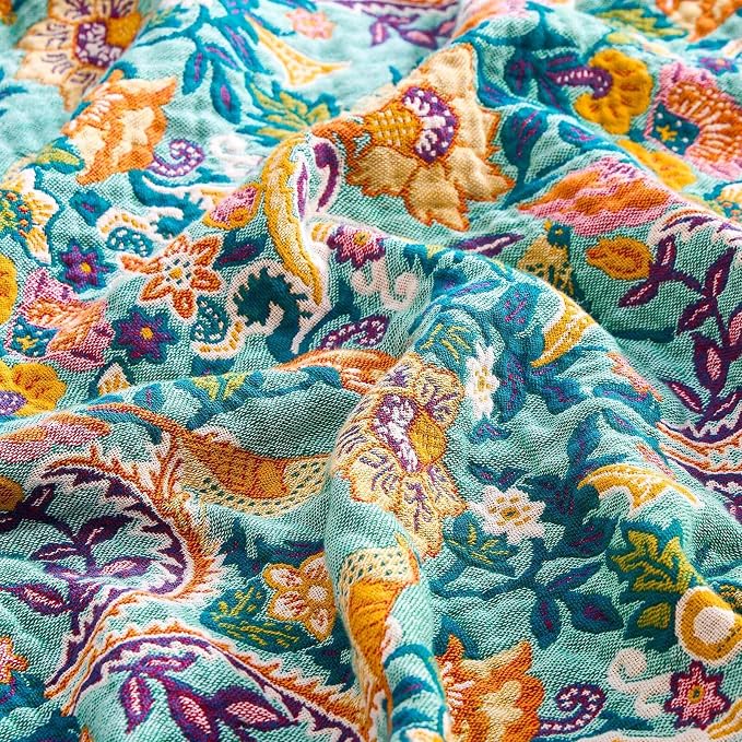 XIBLC Boho Blanket Throw Quilt, 100% Cotton Soft Light Weight Throw Blankets for Summer, 90"x98" Farmhouse Flower Decorative Blankets, All Season Rustic Reversible Bohemian Throw Quilt
