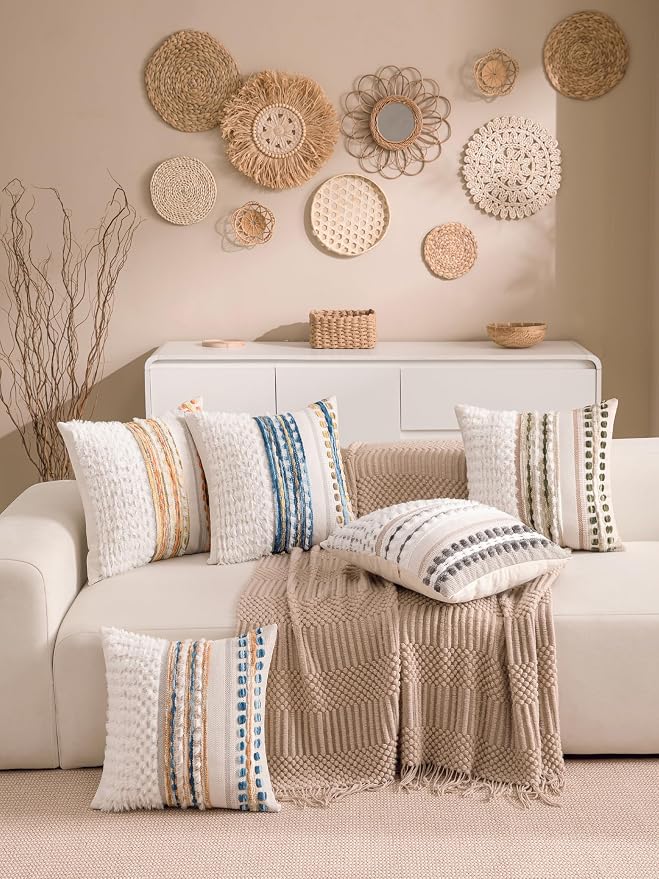 Boho Chenille Tufted Couch Throw Pillow Covers 18x18 Inch Set of 2 Farmhouse Striped Decorative Pillow Covers Accent Neutral Square Pillowcase Grey Cushion Covers for Livingroom Sofa Bed