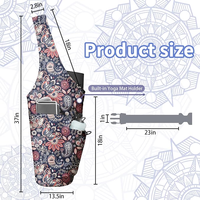 Yoga Bag for Women, Large Yoga Mat Bag Tote Carrier with Wet Dry Pocket, Water Bottle Holder & Adjustable Strap, Fits 1/2" Thick Yoga Mat for Gym, Pilates, Travel, Work