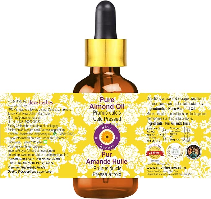 dève herbes Almond Oil (Prunus dulcis) with Glass Dropper | Cold Pressed | Pure | Natural | for Diluting Essential Oils | for Skin & Massage | Non-Sticky | Lightweight | Unisex | 100ml (3.38 oz)