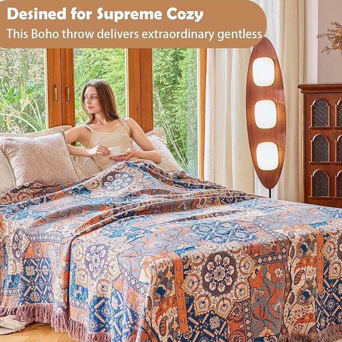 VANJOROY Boho Throw Blanket for Bed Couch 80" x 90", 100% Organic Cotton Skin-Friendly Ultra Soft Quilt Throw - Floral Rustic Living Room Decor Luxury Reversible Blanket for Sofa Chair and Gift