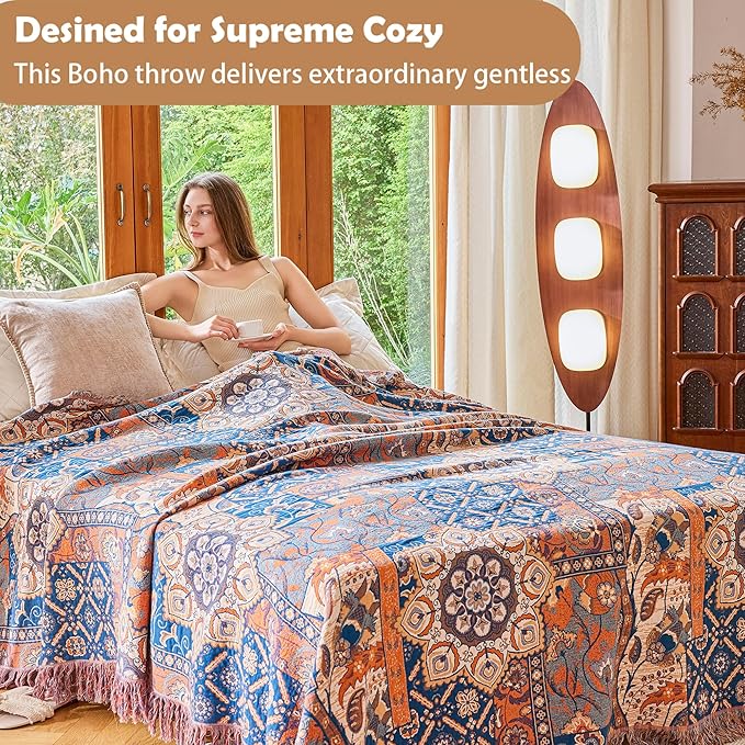 VANJOROY Boho Throw Blanket for Bed Couch 50" x 60", 100% Organic Cotton Skin-Friendly Ultra Soft Quilt Orange Throw - Floral Rustic Room Decor Luxury Reversible Blanket for Sofa Chair and Gift