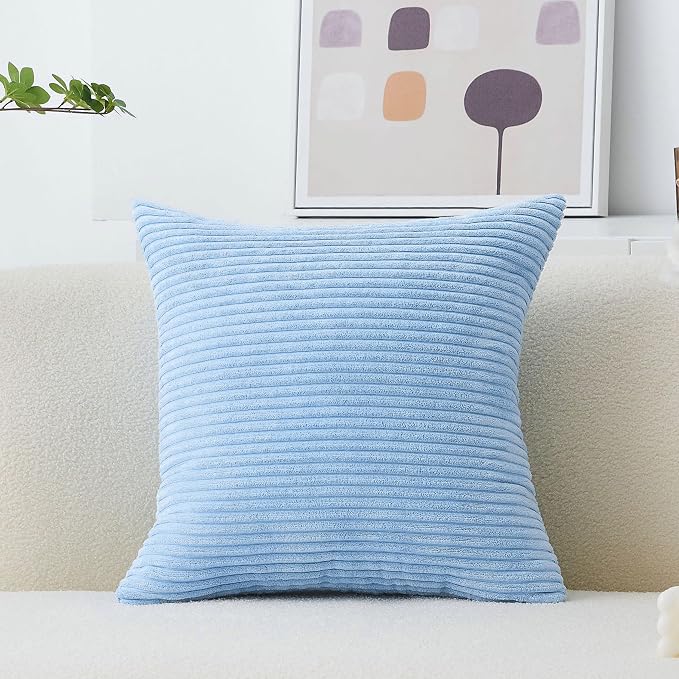 Home Brilliant Blue Throw Pillow for Couch Stripe Velvet Corduroy Euro Sham 24 x 24 Throw Pillow Cover for Sofa, 24 x 24 inch (60cm), Baby Boy Blue