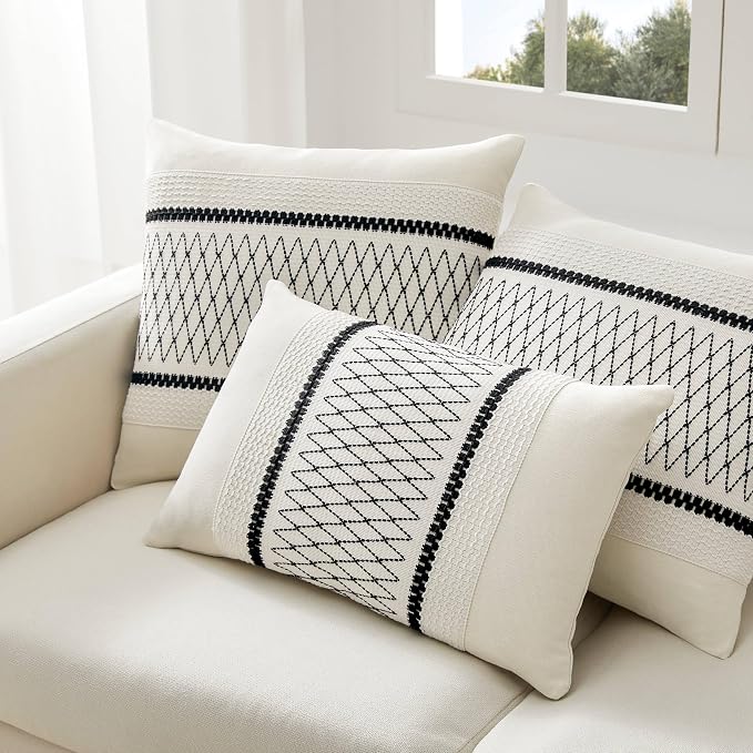 2 Pack Boho Throw Pillow Covers, Grid Black 18x18in | Soft Breathable Cotton, Farmhouse Decorative Couch Pillow Cases, Cushion Covers for Sofa Bed Living Room Home Decor
