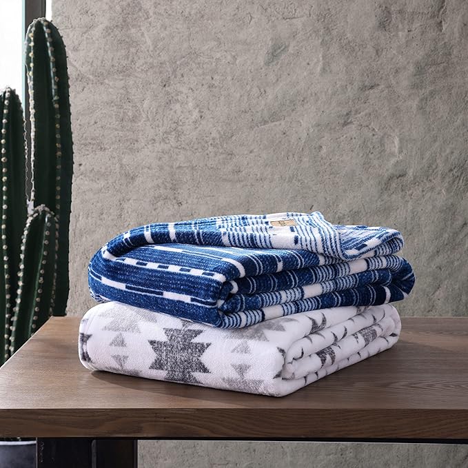 Wrangler - Blanket, Super Soft Sherpa Bedding, Yellowstone Inspired Throw Blanket for Couch or Bed (Logan Stripe Blue, 50" x 60")