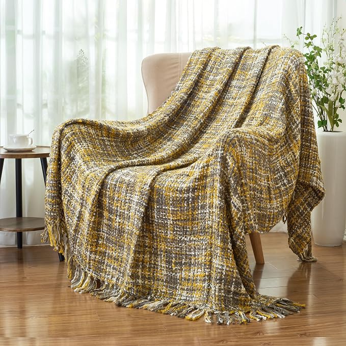 Multi-Color Cable Woven Throw Blanket for Couch - 50"X60" | Multicolored Boho Style,Super Soft Warm Cozy Chunky Blankets with Decorative Tassels for Bed and Sofa,Gold
