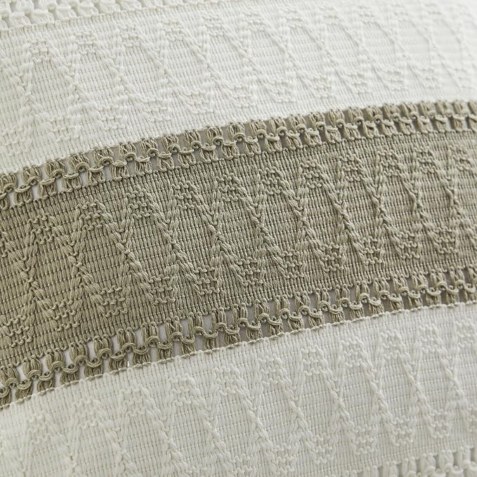 2pk Boho Pillow Covers 20x20, Natural White/Contrast/Dark Sage | 100% Organic Cotton Body, Stripe Embroidery, Farmhouse Decorative Cushion Covers for Sofa Bed Living Room Home Decor