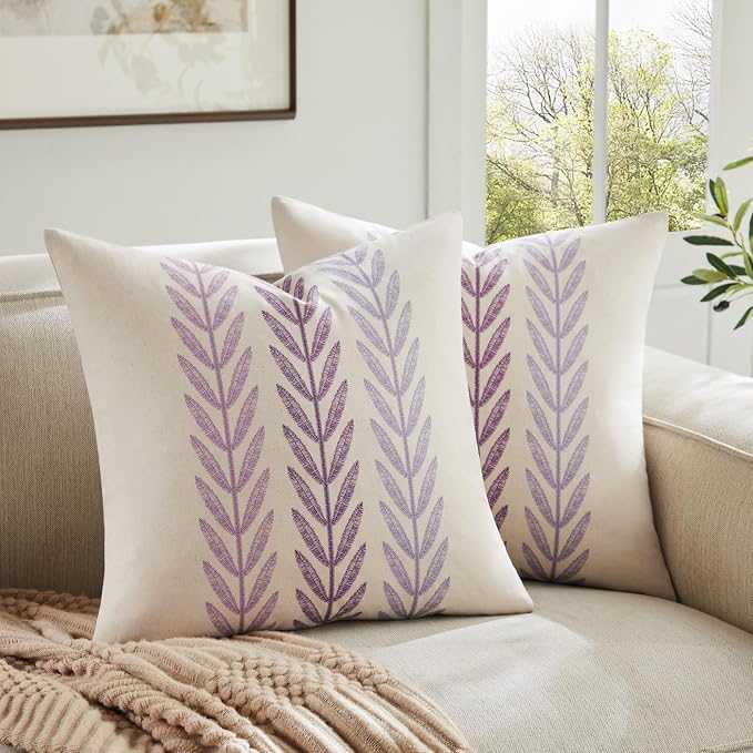 Farmhouse Leaves Throw Pillow Covers Set of 2, 18x18in Mixed Purple | 100% Organic Cotton, Rustic Accent Print Pillow Case, Pastoral Decorative Cushion Covers for Sofa Bed Living Room Home Decor