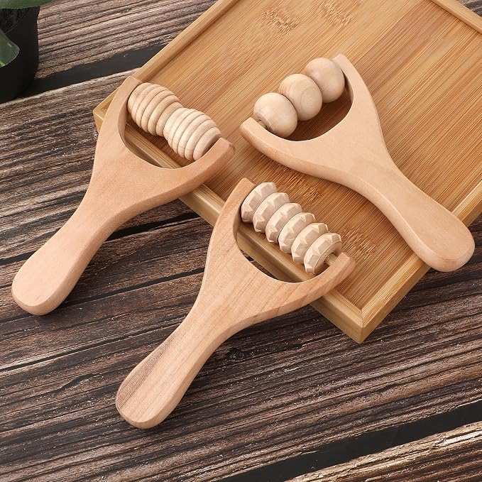 Abeillo 3Pcs Wooden Hand Massage Roller, Muscle Roller Stick, Manual Wood Therapy Massage Tools Massager Roller, for Relaxes Thigh, Leg, Hands Full Body Muscle Men Women