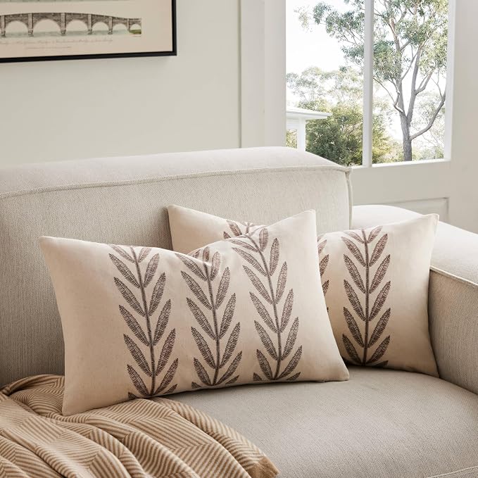 Farmhouse Leaves Lumbar Pillow Covers Set of 2, 12x20in Chocolate | 100% Organic Cotton, Rustic Accent Print Pillow Case, Pastoral Decorative Cushion Covers for Sofa Bed Living Room Home Decor