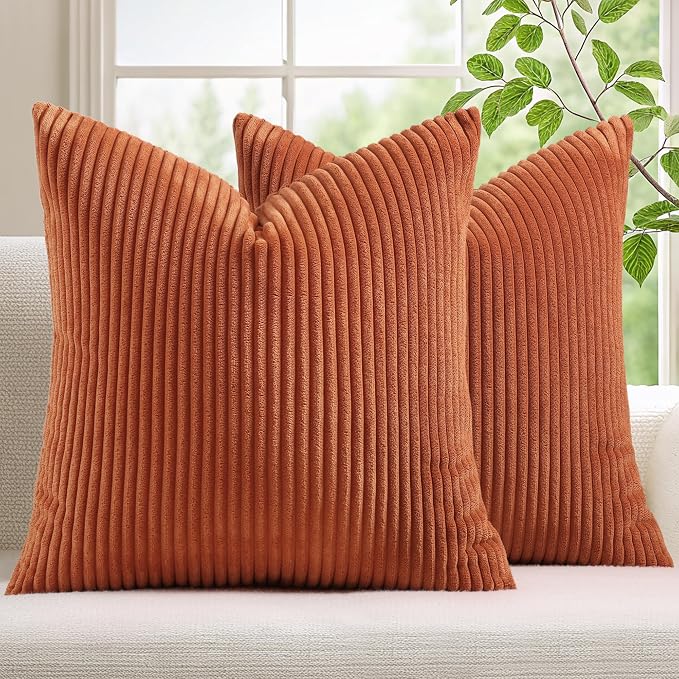 Mecatny Corduroy Fall Decorative Throw Pillow Covers 22x22 Set of 2 Rust | Soft Striped Texture, Hidden Zipper Design, Neutral Boho Square Pillow Cases for Sofa Couch Living Room Bedroom, Home Décor