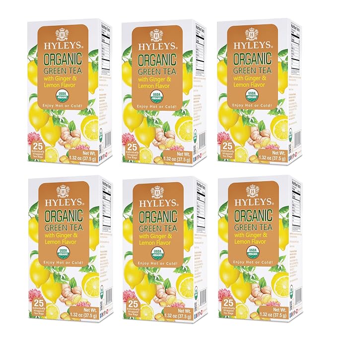 HYLEYS Organic Green Tea, Ginger and Lemon Flavor - 150 Individually Wrapped Tea Bags (6 Pack of 25) - USDA Organic - Kosher & Vegan