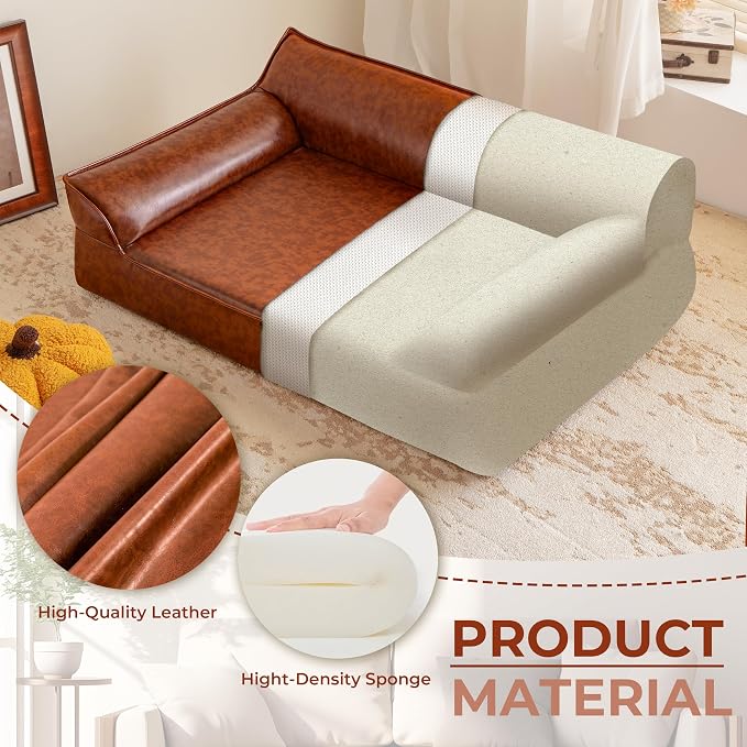 X-Large Leather Dog Sofa Pet Couch for Large Dogs Under 90 lbs, Brown | Mid Century Modern Elevated Luxurious Elevated Dog Chair, Big Dog Chaise Indoor Furniture Style Pet Supplies, Low Maintenance