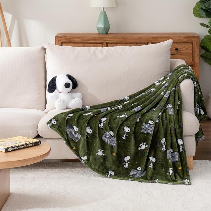 Berkshire Blanket Peanuts® VelvetLoft® Cute Character Snoopy Plush Oversized Throw Blanket, Peanuts Snoopy the Tennis Star Olive Green (50in x 60in)