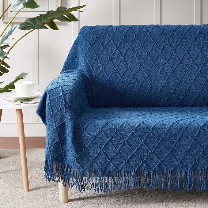BOURINA Royal Blue Throw Blanket 50x60 Inch Knitted Soft Throw Sofa Blanket | Knitted Throw Blanket 50x60 Inches, Soft Lightweight Boho Weave Throw Decorative Couch Blanket for Living Room Bedroom Chair