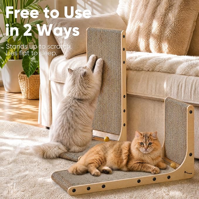 FUKUMARU Cat Scratcher 2 Packs, 25 Inch Cat Scratching Boards, L Shaped Pad | Cardboard Cat Scratcher for Indoor Cats, Vertical Scartch Pads with Ball Toy, Kitten Scratching Post Wall, Wood Color