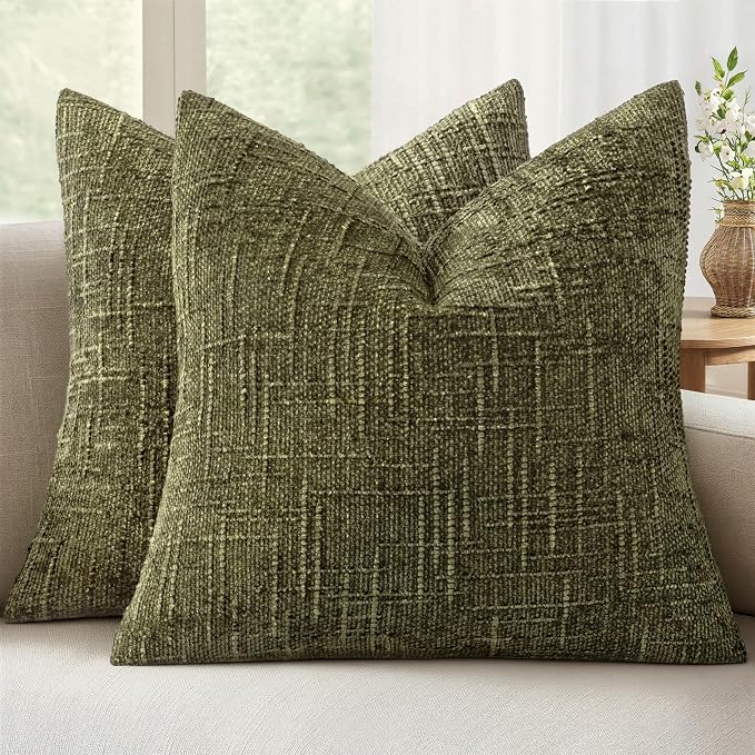 MIULEE Chenille Textured Throw Pillow Covers Olive Green 20x20 Set of 2 | Slubby Decorative Pillows, Boho Farmhouse Home Decor, Modern Neutral Cushion Covers for Couch Sofa Bed Living Room