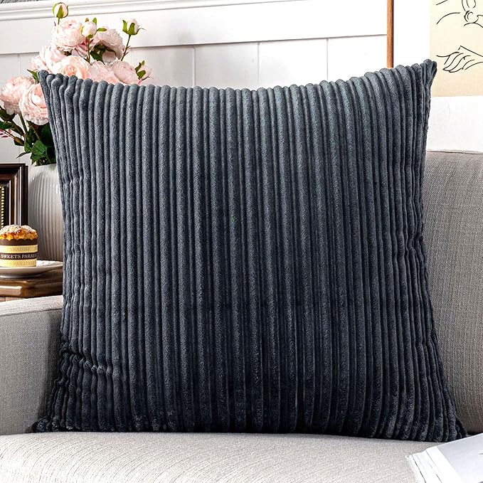 UGASA Corduroy Striped Soft Soild Decorative Square Throw Pillow Covers Set Cushion Cases Pillowcases for Sofa Bedroom, 1 Pc, 20x20inch, Dark Grey