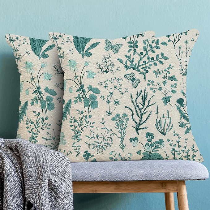 AEIOAE Summer Pillow Covers 20x20 Inch Set of 2,Teal Green Wild Flower Plant Throw Pillows Case,Seasonal Floral Outdoor Decorative Square Linen Farmhouse Decor Cushion Covers for Home Sofa Bed Couch