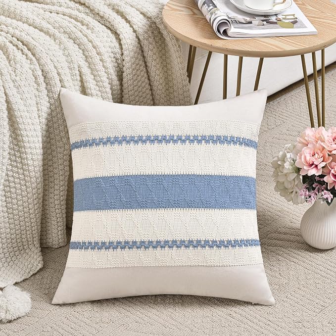 Fancy Homi Set of 1 Boho Light Blue Decorative Throw Pillow Cover 22x22 Inch for Couch Bed Sofa, Aesthetic Modern Organic Farmhouse Home Decor, Soft Cotton Cute Accent Macrame Woven Cushion Case