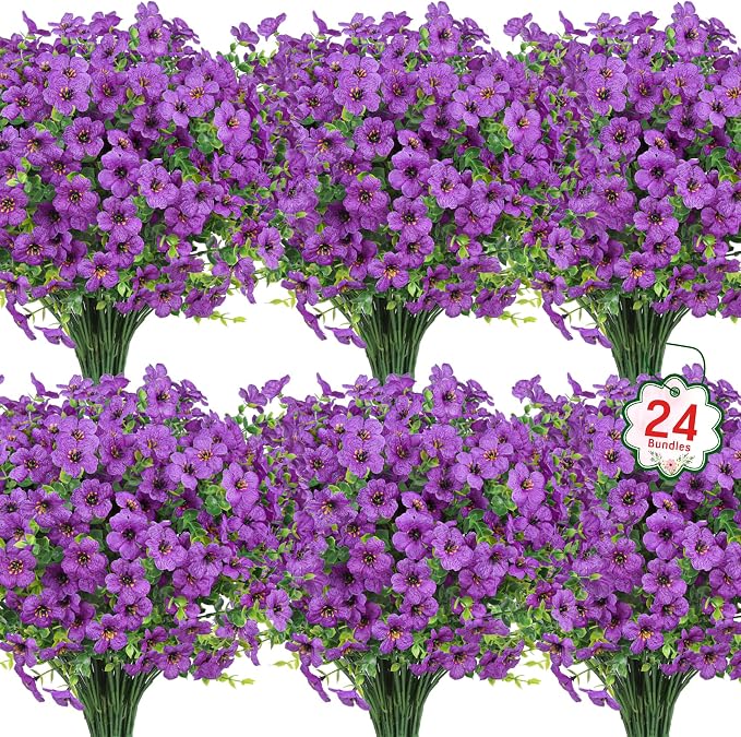24 Pcs Artificial Flowers for Outdoors Decorations, Purple | Lifelike silk flowers, UV resistant, faux plastic plants, for garden porch window table vase home indoor outdoor decor