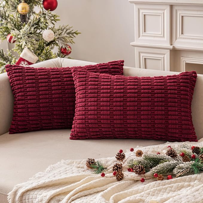 MIULEE Lumbar Corduroy Decorative Throw Pillow Covers 12x20 Burgundy | Pack of 2 Soft Boho Striped Pillow Covers Modern Farmhouse Home Decor For Sofa Living Room Couch Bed
