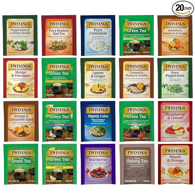 Twinings Herbal and Green Tea Bag Sampler, Assortment Variety Pack (20 Count) 20 Different Flavours for Tea Lovers: Her, Him, Women, Men, Couples, Family, Friends, Coworkers