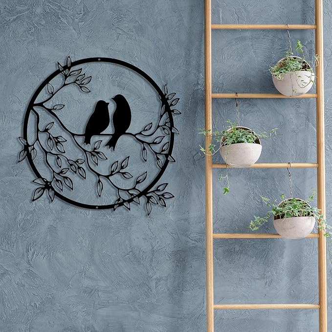 Ferraycle Metal Wall Art Bird on Tree Branch Silhouette Bird Hanging Ornament Porch Wall Decor for Living Room Outdoor Garden Bedroom Office Housewarming Party Decoration(Black)