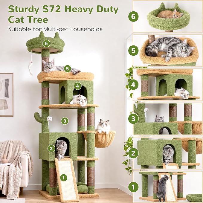 Globlazer Heavy Duty Cactus Cat Tree for Large Cats, Sturdy 72in Maine Coon Cat Tree for Large 20 lbs+ Cactus Cat Tower for Adult Biggest Cats with 6 Scratching Posts, Hammock, S72, Green