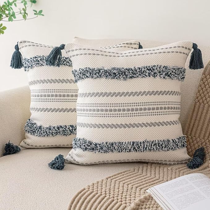 BUIOVBEY Boho Throw Pillow Covers Woven Tufted Pillow Cases with Tassels | Farmhouse Pillow Covers 20x20 Set of 2 Textured Striped Cushion Case Neutral Decorative Pillowcase for Sofa Couch Dark Blue