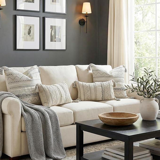 20X20 Throw Pillow Cover, Cream Neutral Square Decorative Cushion Cover with Gray Pattern, Boho Accent Pillowcase with Tufted Details and Tassels for Couch Sofa Living Room (Cover Only)