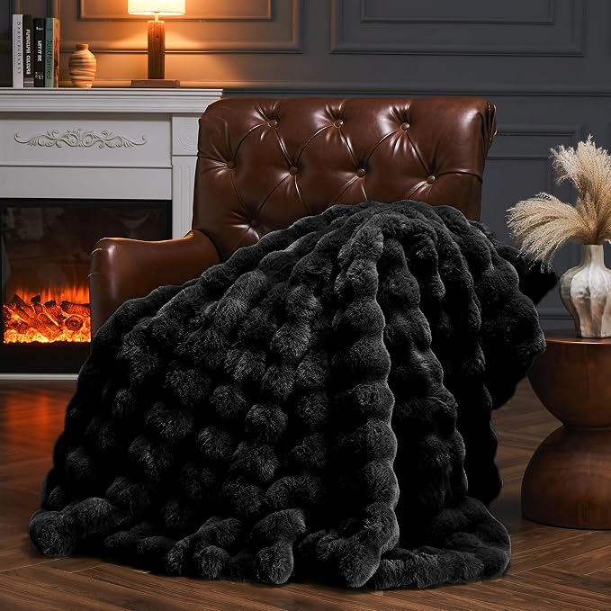 Faux Fur Throw Blanket for Couch, Fluffy Fuzzy Plush Bubble Blanket, Soft Warm Cozy Shaggy Rabbit Blanket, Luxury Decorative Gifts for Sofa Bedroom Living Room, 60x50inch (Black)