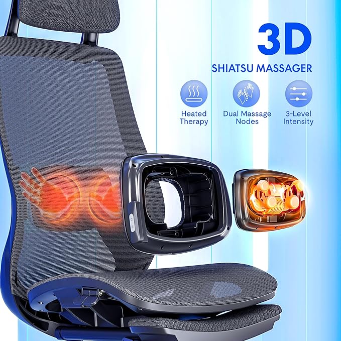 FLEXISPOT MasterEase Massage Office Chair with Footrest, High Back Ergonomic Desk Chair with Adjustable Headrest, 3D Armrests, 2D Lumbar Heated Massage, 4-Position Recline, Mesh Seat, Black
