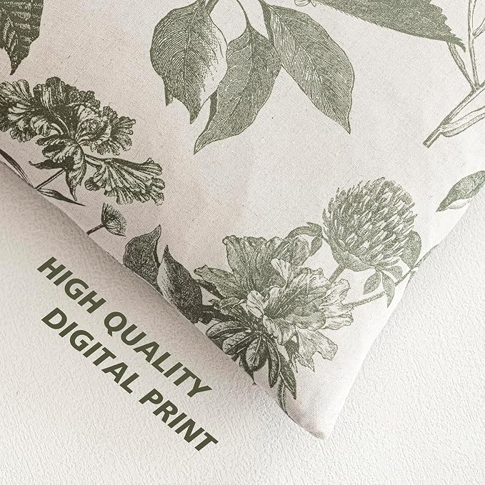 Foindtower Set of 2 Linen Floral Throw Pillow Covers Neutral Vintage Print Decorative Cushion Covers Farmhouse Boho Home Decor for Sofa Chair Couch Bedroom Living Room,24×24 Inch,Sage Green