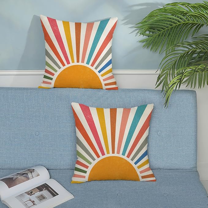Summer Pillow Covers 24x24 Set of 2 Colorful Stripes Yellow Sunshine Throw Pillows Outdoor Boho Rainbow Sun Decorative Pillow Cases Linen Modern Farmhouse Cushion Case for Home Bedroom Decor