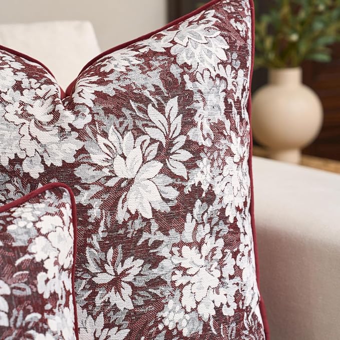 Alerfa Burgundy Neutral Floral Pillow Cover 12 x 20 Inch, Vintage Chenille Rectangle Couch Pillow Cover Soft Decorative Farmhouse Accent Pillowcase for Living Room Bedroom