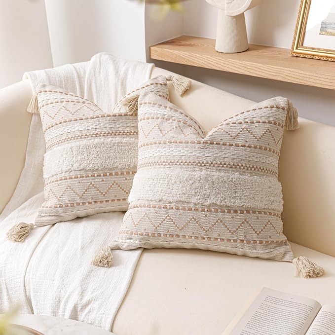 Decorative Throw Pillow Covers 20x20 Combo Set of 2 Square Cream Neutral White Boho Accent Pillowcase Tassels Farmhouse Cushion for Couch Sofa Bedroom Living Room Home Décor Cover ONLY