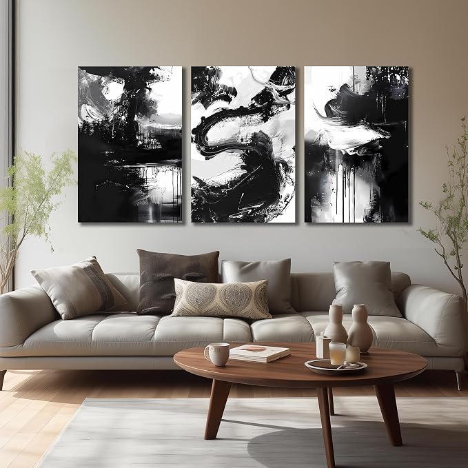 DNIEOTU Abstract Canvas Wall Art for Living Room, Black and White Wall-Decor for Bedroom, Modern Ink - Style Paintings for Hallway Office, Size 24 x 36 Inches 3-Piece