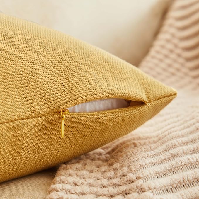Rustic Linen Throw Pillow Covers Set of 2, Yellow 20x20in | Textured Pillow Case, Rustic Cotton Linen Fabric, Modern Farmhouse Cushion Covers for Sofa Bed Living Room Home Decor