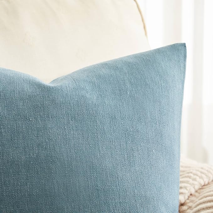 Rustic Linen Throw Pillow Covers Set of 2, River Blue 22x22in | Textured Pillow Case, Rustic Cotton Linen Fabric, Modern Farmhouse Cushion Covers for Sofa Bed Living Room Home Decor