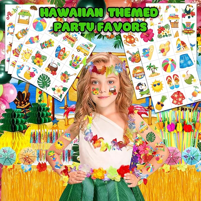 96 PCS Hawaiian Luau Pre-Cut Temporary Tattoos for Kids | Super Cute Themed Birthday Party Favors, Supplies, Decorations, Summer Fake Tattoo Stickers (Multiple)