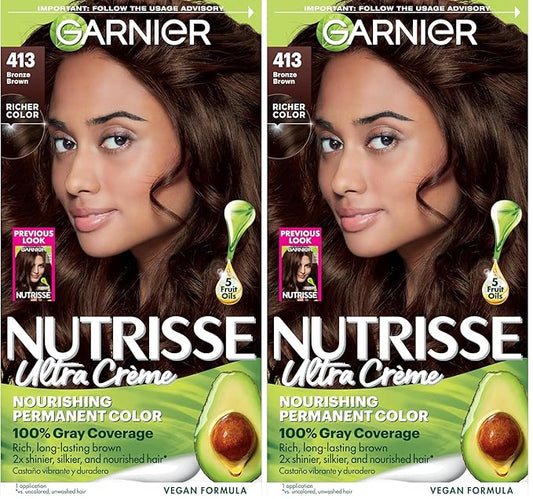 Garnier Hair Color Nutrisse Nourishing Creme, 413 Bronze Brown (Bronze Sugar) Permanent Hair Dye, 1 Count (Packaging May Vary) (Pack of 2)