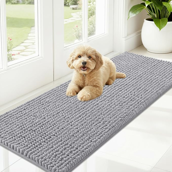 OLANLY Dog Door Mat for Muddy Paws 59x20, Extra Absorbent Chenille Mud Mat | Light Grey, Absorbs Moisture and Dirt, Non-Slip Machine Washable Doormat, Quick-Drying Indoor Entryway Floor Mat for Dogs