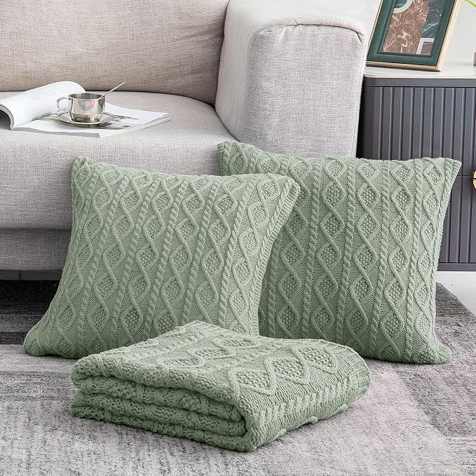 Homiest Sage Green Cable Knit Throw Blanket Set of 3, with 2 Pillow Covers | Pure Acrylic, Lightweight & Breathable, All-Season Use, Machine Washable, Wrinkle & Fade Resistant, for Couch Bed And Sofa