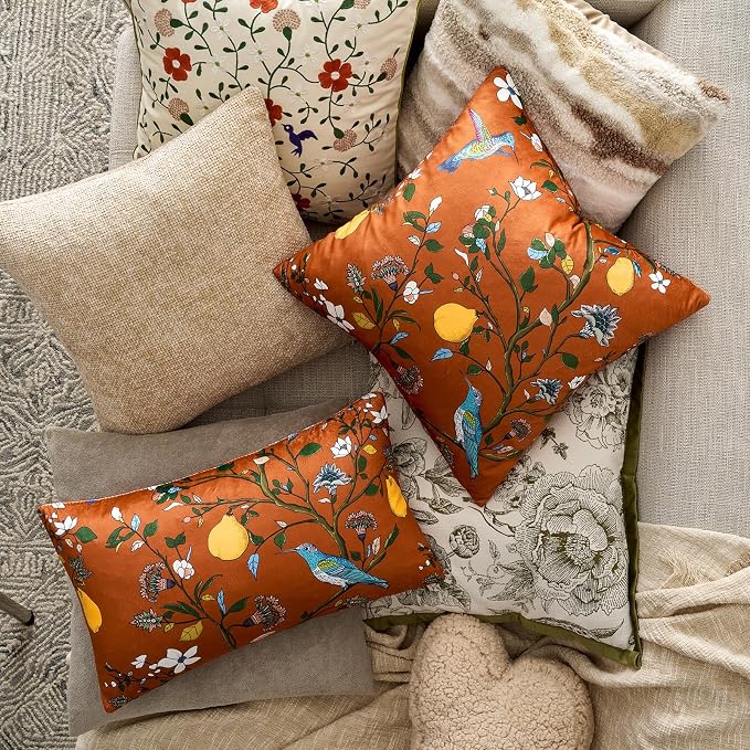 MUSSEL Burnt Orange Velvet Decorative 12x20 Lumbar Pillow Covers Set of 2 | Durable and Sturdy,Botanical Floral Printed,Throw Pillows Case,Rectangle,Colorful Farmhouse Boho,Sofa Bed Couch Decor