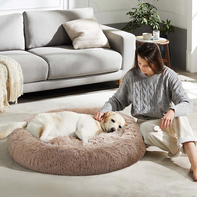 Western Home Calming Donut Large Dog Bed Pet Bed,36" Brown | Fluffy Faux Fur Round Cuddler,Anti-Anxiety,Anti-Slip Bottom,Plush Round Pet Dog Beds for Large Sized Dogs,Up to 80 LBS