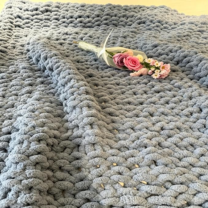 Soft Chunky Knit Throw Blanket for Couch, Cozy Warm Knitted Blankets | Hand Knit with Jumbo Chenille, Lightweight Warm Fluffy Decor for Women, Mom, Her & Girls, Sofa, Chair, Bed,40"×40"(Airy Blue)
