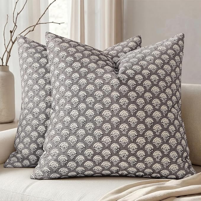 MIULEE Floral Print Decorative Euro Pillow Covers 22x22, Stone Grey | Vintage Boho Farmhouse Modern Home Decor, Set of 2, Block Print Cushion Covers for Couch Sofa Bed Living Room